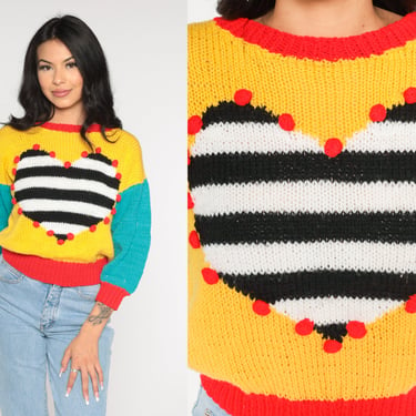 Striped Heart Sweater 90s Colorful Knit Sweater Color Block Nubby Knit Pullover Yellow Blue Black White Red Vintage 80s Extra Small XS S 