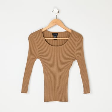 Vintage Y2k Tan Ribbed Fitted Sweater - beige, coffee, light brown - Women's Petite L 