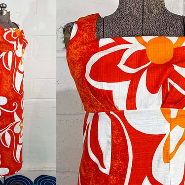 Vintage Hawaiian Dress Orange Hibiscus Tiki Floral Sleeveless Maxi Hawaii Luau Tropical Honeymoon Polynesian Bazaar Gown 1960s XS Small 