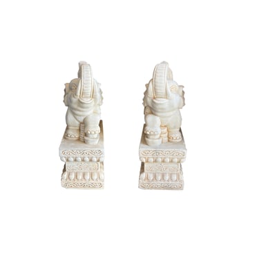 Chinese Pair White Marble Stone Fengshui Elephant Trunk Up Statues cs7637E 