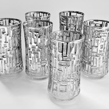 Brutalist barware tumblers 2 or 4 Libbey platinum Artica highball bar glasses 3-Dimensional silver chrome mid century modernist decor 