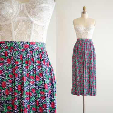 cute cottagecore skirt 80s vintage Brooks Bros. navy pink rose floral midi skirt 