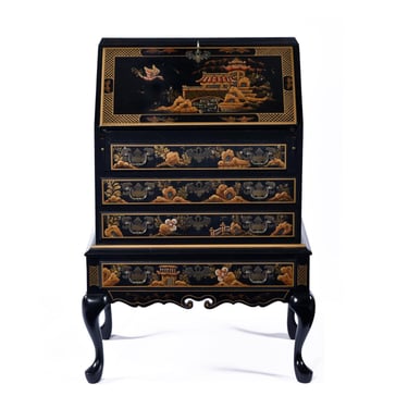 Black Lacquer Hand Painted Asian Chinoiserie Black Lacquer Secretary Writing Desk 