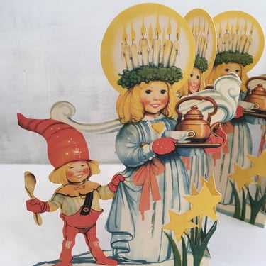 Vintage St. Lucia Tomton Folding Die Cut Made In Sweden, Holiday Decor, Scandinavian Christmas,  Double Sided 