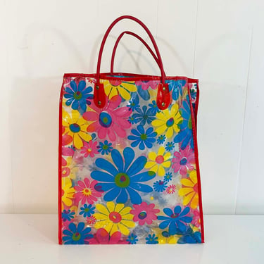 Vintage 1960s Tote Bag Floral Plastic Boho 60s Mod Mid Century Modern Shopping Market Beach Purse Flower Power Floral Print 