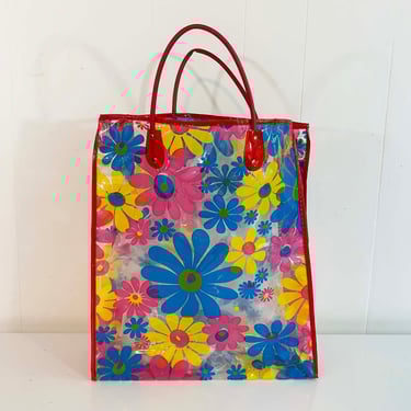 Vintage 1960s Tote Bag Floral Plastic Boho 60s Mod Mid