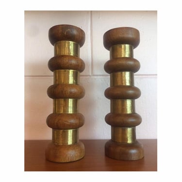 Vintage 1980s Walnut and Gold Variegated Candlestick Holders 