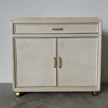 Vintage Beige Pencil Reed Rattan  Serving Bar Cart 