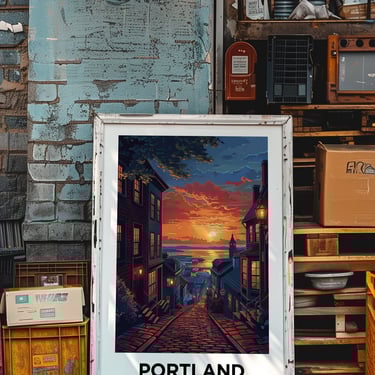 Romantic Portland Maine Skyline Poster - Historic Downtown Art Print for New England Travel Enthusiasts 