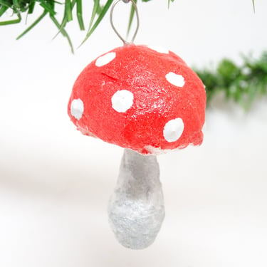 Vintage Czech Hand Made Pulp Paper Mache Mushroom Christmas Tree Ornament, Hand Painted 