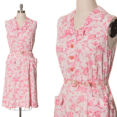 Vintage 1950s Shirt Dress | 50s Floral Print Cotton Pink White Button Up Belted Wiggle Sheath Shirtwaist Day Sundress with Pockets (large) 