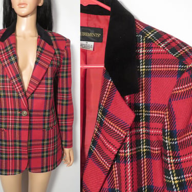 Vintage 90s Holiday Plaid Velvet Collar Wool Blazer Size M 
