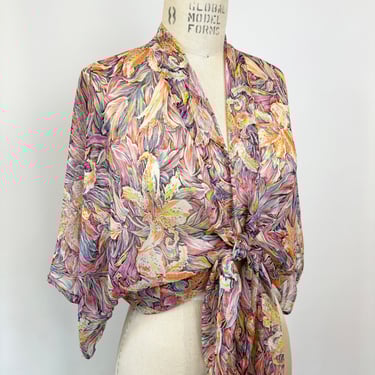 Vintage 70s Sheer Chiffon Floral Tie Top/ 1970s Heléne Sidel Tiger Lily Print Tie Blouse 