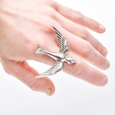 Modernist Flying Bird Statement Ring, Polished Silver Ring, Vintage Jewelry, Size 10 1/12 US 