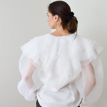 Vintage 1990s White Organza Floof Blouse | M/L | 80s/90s Semi-Sheer Top with Puff Sleeves and Wide Collar 