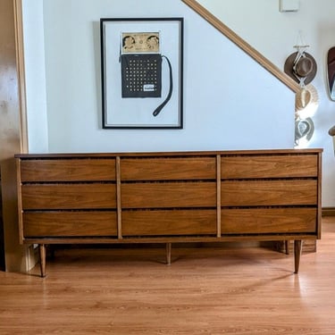 Mid Century Modern 9 Drawer Walnut Dresser by Bassett