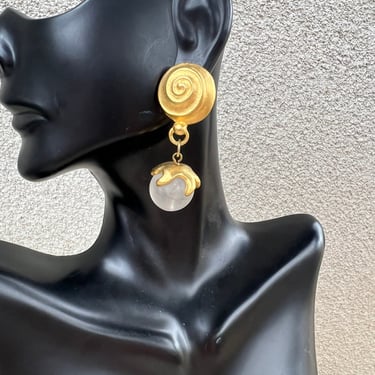 Vintage 80s dangle earrings pierced matte golden tone acrylic frosted ball drop 2” 