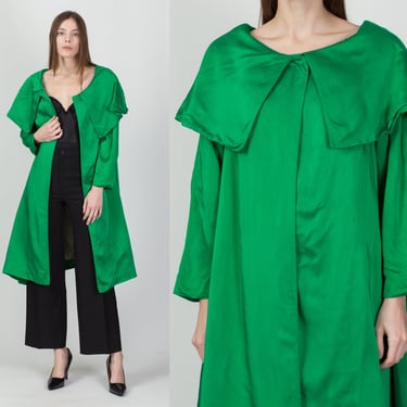 60s Vogue Designs Green Silk Swing Coat, As Is - Small | Vintage Oversize Collar Boho Long Costume Jacket 