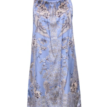 Joyce & Girls - Periwinkle Blue Satin Dress w/ Beige Floral Print Sz S
