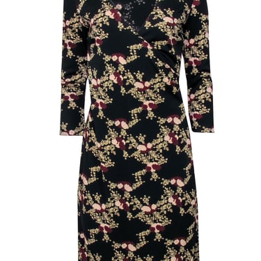 BCBG Max Azaria - Black w/ Cream, Blush, & Maroon Floral Print Long Sleeve Dress Sz S