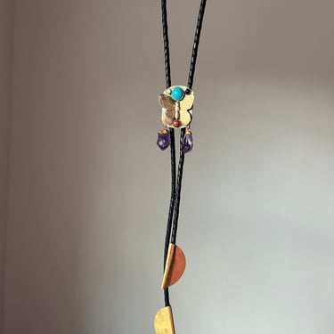 Maximalist Bolo- Handmade Statement Bolo with butterfly, turquoise, amethyst, goldstone, opal, and onyx in brass and sterling silver 