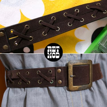Vintage 70s Brown Suede Vegan Leather Lace Up Boho Belt 
