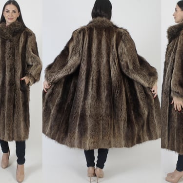 Full Length Real Raccoon Fur Jacket, Shaggy Brown Winter Overcoat, Long 70s Maxi Outdoors Coat 