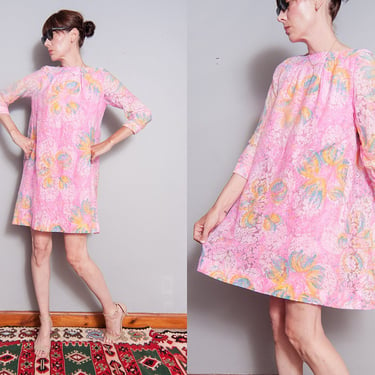 Vintage 1960's | Pink | Floral | Babydoll | Mid Century | MCM | Dress | S 