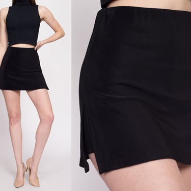 90s Minimalist Black Mini Skort - Small to Medium | Vintage Stretchy High Waisted Shorts Skirt 
