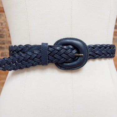 navy braided leather belt | 80s 90s plus size vintage dark blue academia style woven belt 