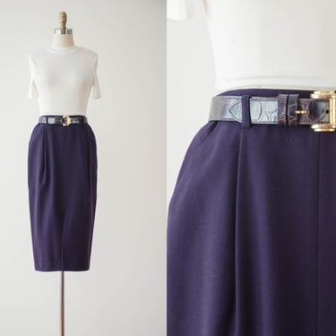 navy wool skirt | 80s 90s vintage preppy dark academia style dark blue fine wool nipped waist pencil skirt 