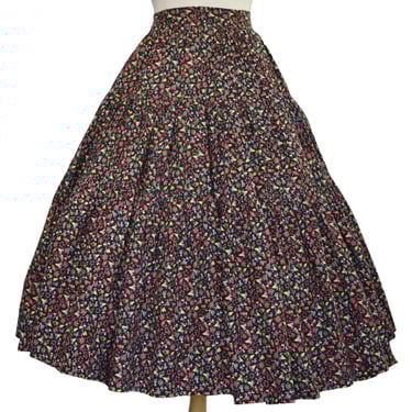 Vintage 50s Novelty Print Gathered Skirt, Folkloric Spiders, Webs, Oil Lamps, Spinning Wheels, Bells, Flags Print Skirt, High Waist, S Small 