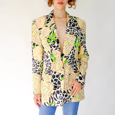 Vintage 80s Starington Silk Animal, Floral & French Script Print Single Button Blazer | 100% Silk | 1980s Designer Bohemian Chic Silk Jacket 