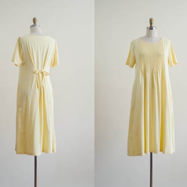 yellow cotton midi dress | 90s vintage loose tie back short sleeves dress 