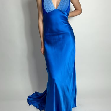 Blue Silk Satin Evening Gown