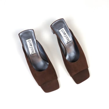 Vintage 1990s square toe mules heels block peep toe brown suede leather NWOT 