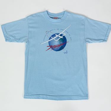 80s Voyager "Around The World On A Tank Of Gas" T Shirt - Medium | Vintage Blue Aircraft Graphic Tee 
