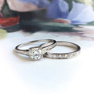 Vintage MidCentury .47 ct.tw.Diamond Engagement and .09 ct.tw. Wedding Band Set 18k 