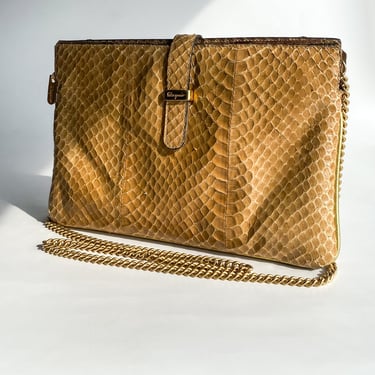 1980s Designer Ferragamo Tan Snakeskin Envelope Bag