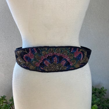 Vintage 80s rich colors black geometric pattern beaded waist belt fits 30” 