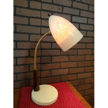 MCM Mid Century Modern Fiberglass with Teak Wood Accent Gold/Brass Gooseneck  Lamp 