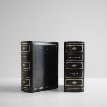 Vintage Pair of Leather Bound Book Bookends, Faux Black Leather Books 