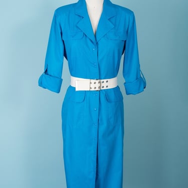Vintage Ms. Chaus Turquoise Brushed Cotton Snap-Front Utility Belted Dress with Beautiful Details 