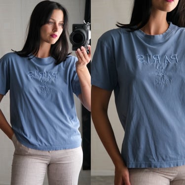 Vintage 90s PARIS FRANCE Embroidered Cornflower Blue Distressed Tee Shirt | Boxy Fit | 1990s PARIS Eiffel Tower Cotton Unisex T-Shirt 