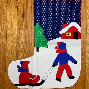 Handmade in Scotland Holiday Christmas stockings large modern look 70’s 80’s quilt style sewing craft primary colorful assortm kids sledding 