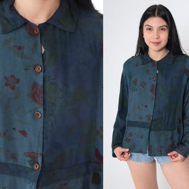 90s Floral Blouse Tonal Dark Blue Button up Shirt Watercolor Flower Print Long Sleeve Top Vintage 1990s Rayon Oversized Small S 