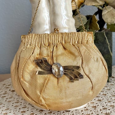 Gold Metallic Clutch Evening Purse, Sterling Brooch Trim, Art Deco Style, Cocktail Handbag, FABULOUS 