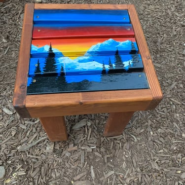 Sunset Mountain Mural scape Ski Side Table, seat, wood frame, ski top side table, side tables, outdoor side table, Perfect Matching Sets 