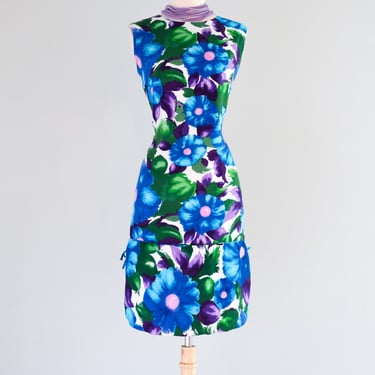 Glorious 1960's Tropical Blue Floral Print Shift Dress  / Sz M