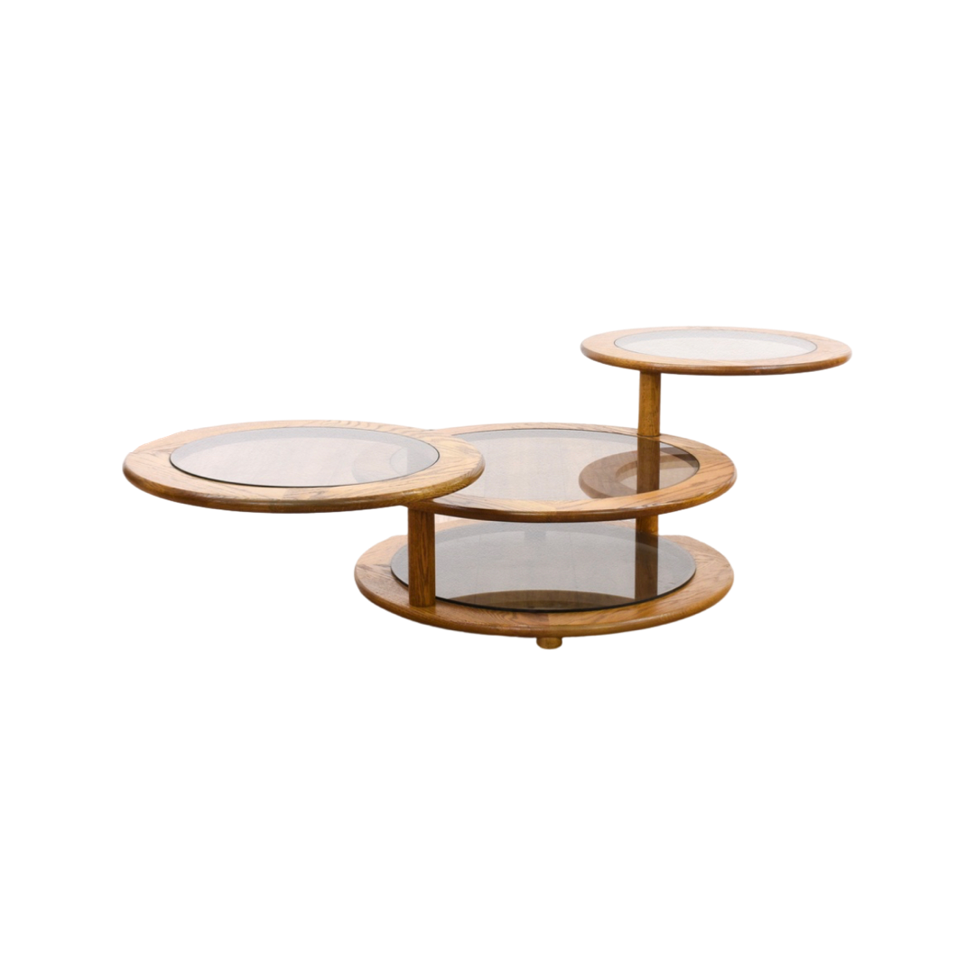 Vintage Oak Wood Glass Round Swivel Swing 3 tier Coffee Table Reuse America Brooklyn NY